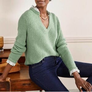 Boden V-Neck Lace Trim Ribbed Knit Sweater Size 6